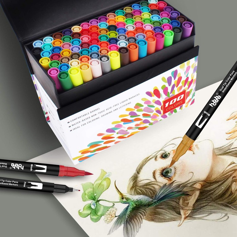hho-100B 100 Colours Pen Set, Felt Tip Pens, Double-Sided Colouring