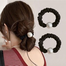 Masvan ヘアゴム パール 2個セット おしゃれ 髪ゴム ヘアアクセサリー ヘアゴム 黒大人 シンプル 髪留め 可愛い 跡がつかない 高弾性 韓国風 (黑+黑)