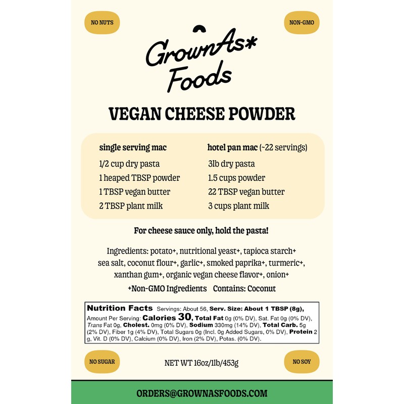 GrownAs Vegan Cheese Powder, 1 lb. - Dairy Free, Non-GMO