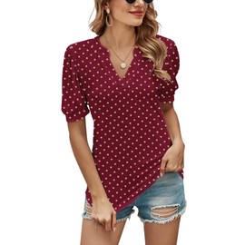 Romanstii Women Tees and Tops Short Sleeve Ruffle V Neck Tunic for Casual Wear,Wine Polka Dot,L