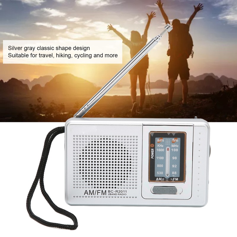 Portable Pocket Radio AM/FM Classic Elegant Design Silver Grey Battery