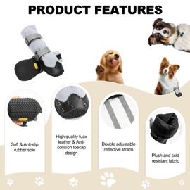 OHCOZZY Anti-Slip Dog Shoes with Reflective Straps, High Dog Boots Waterproof, Wear-resistant Leather Rubber Sole Dogs Paw Protector for Small Medium Large Dogs 4 Pcs(L, Grey)