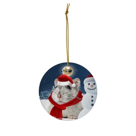 Festive Winter Night Pet and Snowman Ornament - Grey Hamster Christmas Ornament Circle Ceramic - Funny Holiday Xmas Tree Decoration Gifts for Hamster Lovers
