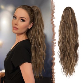 FESHFEN Ponytail Extensions, Long Claw Clip in Ponytail Hairpiece Synthetic Pony Tails Hair Piece Natural Wavy Hairpieces for Women, Honey Blonde Mixed Light Brown 25 inch