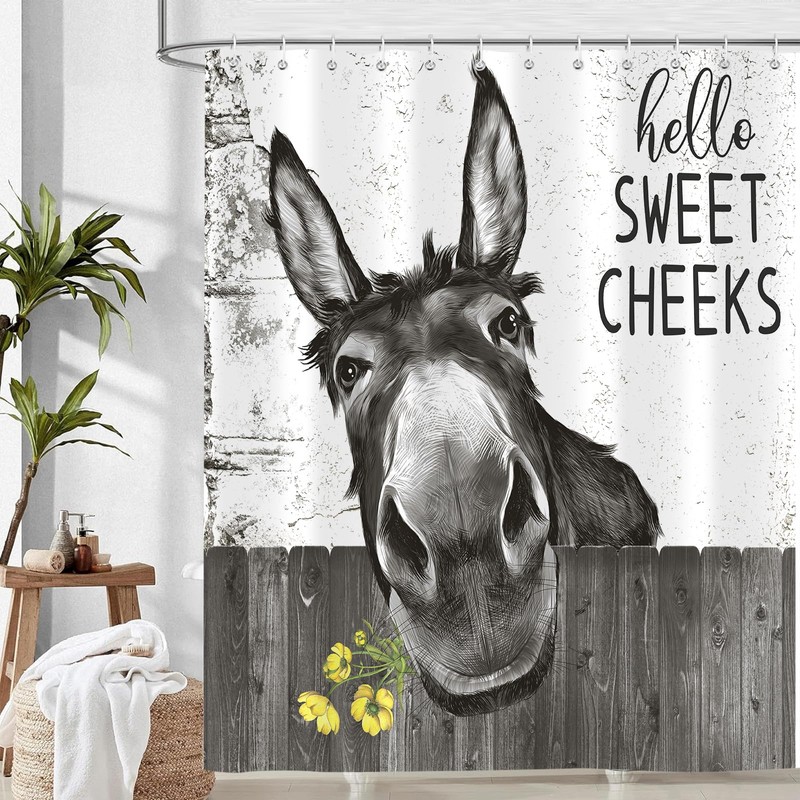 Emwnodti Funny Donkey Rustic Shower Curtain, Fun Cute Animal Farmhouse