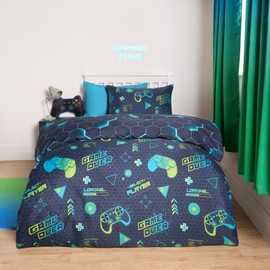 OHS Gaming Duvet Set Single, Reversible Quilt Covers Ultra Soft Comfy Gaming Duvet Bedding for Boys Single Covers with Pillowcase Gamer Gifts for Kids - Green/Blue