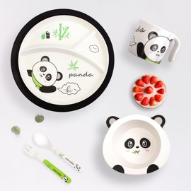 Kids Feeding Set 5 Pcs, Tableware Set for Toddlers Includes Plate Bowl Cup Fork and Spoon Utensil Flatware, Kids Flatware Set Dishwasher Safe, BPA Free (Panda)