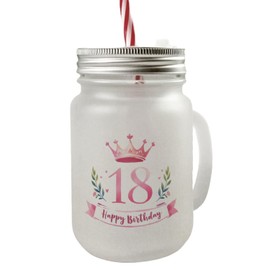 speecheese Happy Birthday 18 Crown Mason Jar with Handle Drinking Glass with Lid Perfect for Your Eighteenth Birthday Pink Text on Pink Background Congratulations Glass