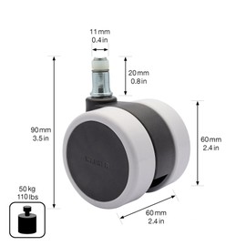 WAGNER 02007661 Swivel Chair Castors / Office Chair Castors Set of 5 - Soft Design - Diameter 60 mm, Height 65 mm, Interval Braked, Pin 11 x 20 mm, Load Capacity 50 kg/Roll - Made in Germany