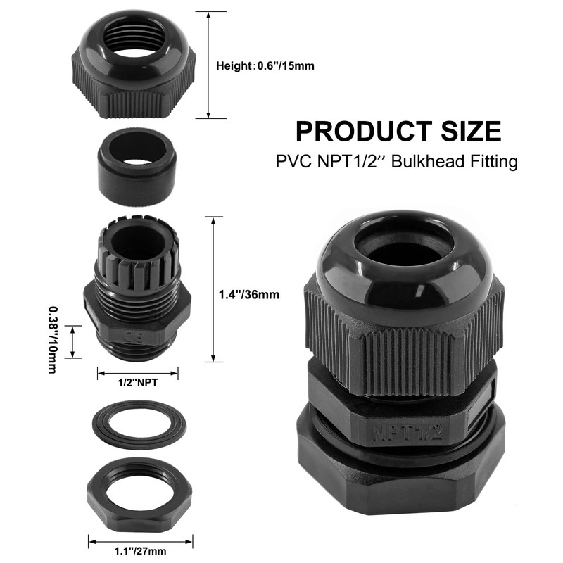 Rierdge 12 Pack 1/2" NPT Cable Glands Waterproof Connectors, Adjustable