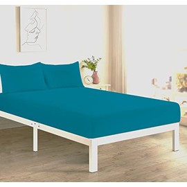 Fitted Bed Sheet With FREE MATCHING 2 X PILLOW CASES Poly Cotton Percale Easy Care Plain Dyed Bed Sheet Teal Double