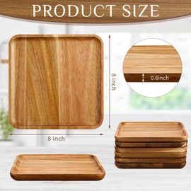 Didaey Set of 6 Acacia Wood Plates 8” Square Wooden Plates for Food, Wood Serving Trays Platter for Dinner Appetizer Meal Dishes Snack Dessert, Easy Cleaning and Lightweight