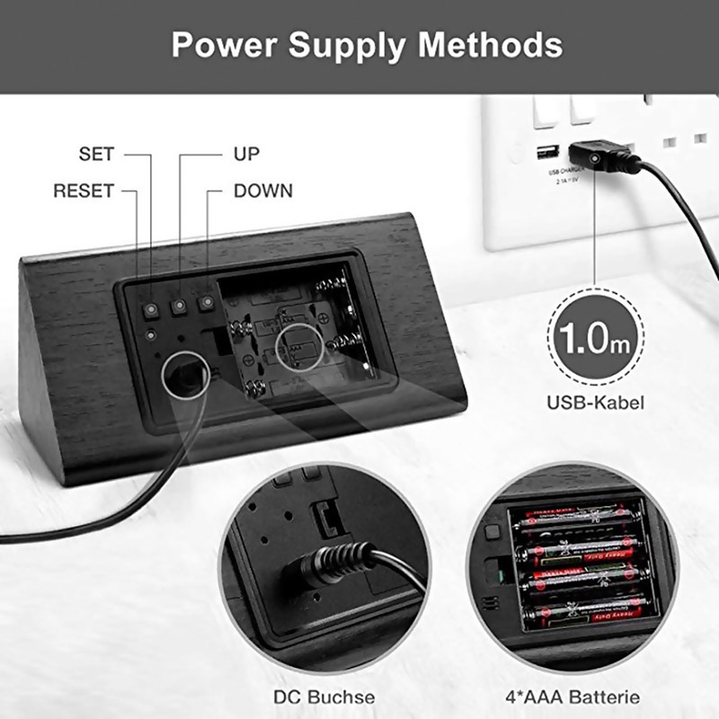 Digital Clock Wooden Electronic LED Time Display Temperature and Humidity