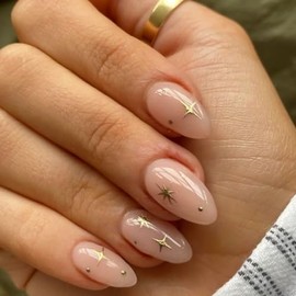 RikView Uñas postizas cortas con diseño de almendras, color nude y estrellas cruzadas, brillantes, cobertura total, para mujer, 24 unidades por juego