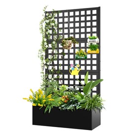 FENCY Metal Raised Garden Bed with Trellis, Metal Planter Box with Trellis, Garden Box for Climbing Plants Vegetable, 35''Lx16''Wx71''H Metal Garden Bed with Drainage Holes(Black)