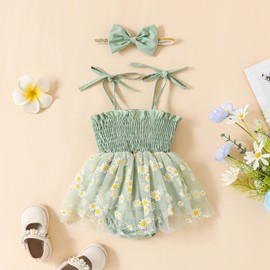 ZZLBUF Newborn Baby Girl Clothes Infant Daisy Sleeveless Romper Dress Bodysuit Bowknot Headband Summer Outfits (Green Daisy, 6-12 Months)