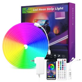 iNextStation RGB Neon LED Strip Lights, 16.4 FT Color Changing Flexible Rope Lights with Power Adapter, Control with APP & Remote, IP65 Waterproof, Music Sync Neon Light Strip for Bedroom Party Decor