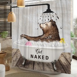 Funny Brown Bear Shower Curtain Cute Wild Animal in Bathtub Wooden Shower Curtain Sets for Kids Rustic Farmhouse Woodland Barn Shower Curtain for Bathroom Polyester Fabric 72x72 Inch