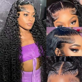 NUEAHWO 32 Inch Water Wave Lace Front Wigs Human Hair Pre Plucked 13X6 Lace Front Wigs Human Hair 200 Density Deep Part Curly Wig for Women Natural Black