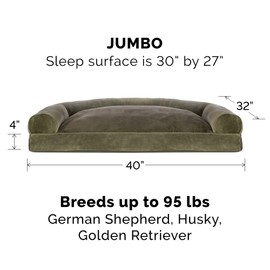 Furhaven Pillow Dog Bed for Large Dogs w/ Removable Bolsters & Washable Cover - Faux Fur & Velvet Sofa - Dark Sage, Jumbo/XL