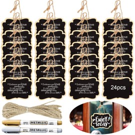 24PCS Reusable Chalkboard Tags with String, ULENDIS 2.36x3.35 Inch Wooden Chalkboards Signs with Gold and Silver Markers, Double-Sided Blackboard for Message Board Signs, Hanging Chalkboard Labels