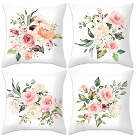 Betadistor Autumn Cushion Covers 4 Pack Decorative Pillow Covers 18x18 Inch Square Cushion Cover Solid Throw Pillowcase for Home Decor Accessories Living Room, Flowers, 502-0031