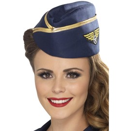 Smiffys Air Hostess Hat, Blue with Gold Rim, Icons & Idols Fancy Dress, Heros Dress Up Hats