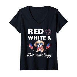 Womens 4th of July Red White and Dermatology Patriotic Dermatology V-Neck T-Shirt