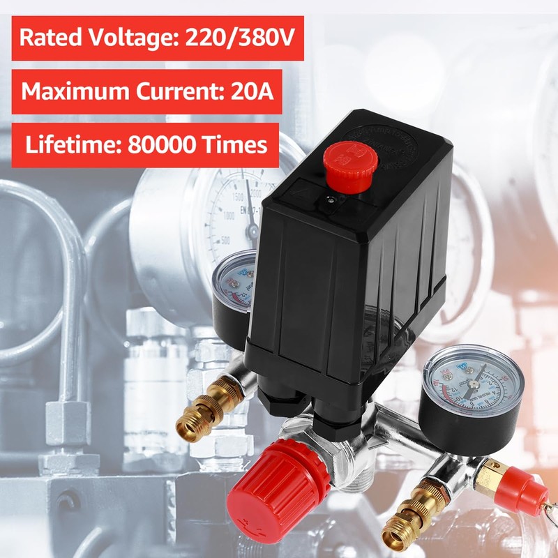 Air Compressor Pressure Switch 90-120PSI Adjustable Manifold Regulator Gauge Durable