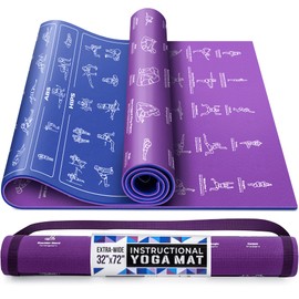 GRAND BASICS Extra Large 72"x32" Instructional Yoga Mat with 75 Illustrated Poses & Stretches, Non-Slip, Eco-Friendly PVC, Blue & Purple, For Beginners & Kids