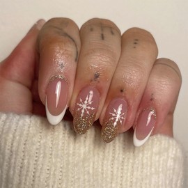 BABALAL Christmas Press on Nails Gold Almond Medium Fake Nails White French Tip Glue on Nails Snowflake Winter Acrylic Nails False Nails 24Pcs Bling Stiletto Manicure Stick on Artificial Nails