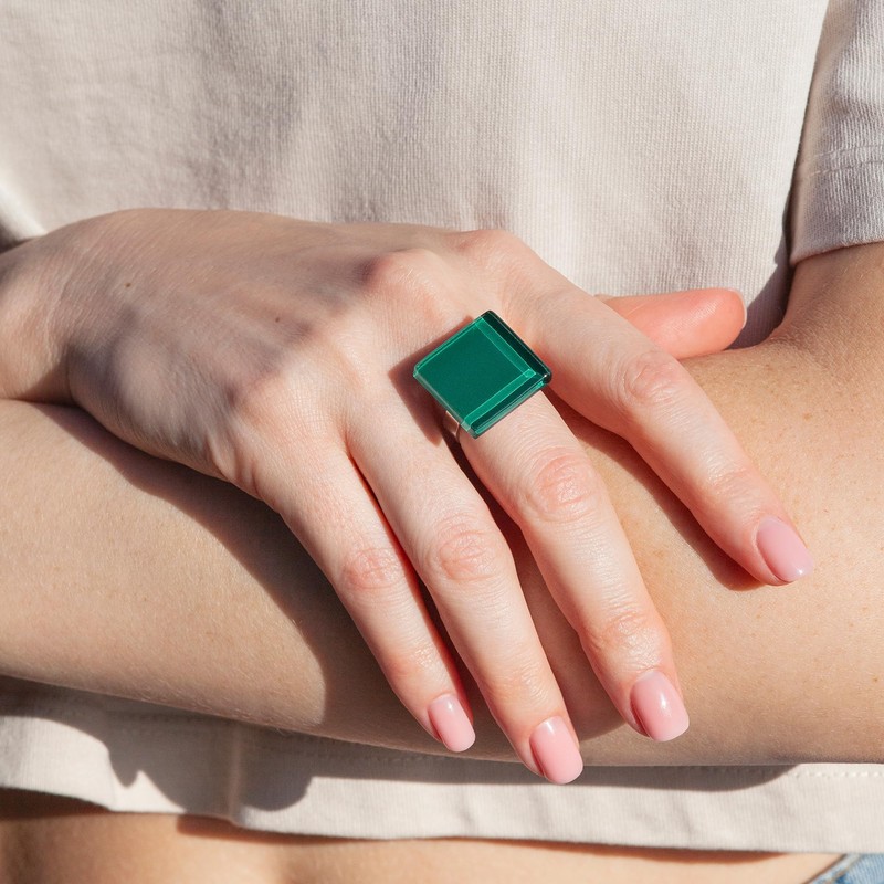 ALEXASCHA® Square Statement Glass Ring • Adjustable Stainless Steel Ring