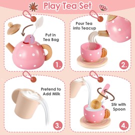 BUYGER Wooden Tea Party Set for Little Girls, Kids Wooden Kitchen Sets Play Food Accessories with Teapot Tea Cup Dessert Toys Tea Set Pretend Play Gifts for Kids Girls Toddler 3-5 Years Old