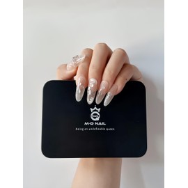 M·Q NAIL,Press on nails,Colourful elliptic long nails,Hand drawn,Includes 48 jelly glue and 2 cuticle sticks and 2 rubbing strips (Inlaid shell powder, M)