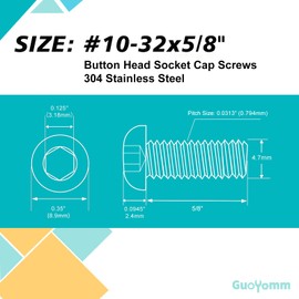 GuoYomm #10-32 x 5/8" Button Head Socket Cap Screws Bolts, Stainless Steel 18-8 (304), Metric Allen Hex Drive, Fully Threaded, Bright Finish, 50 PCS