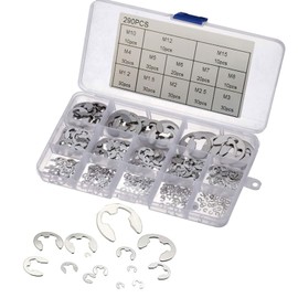 YQkangzhu 290Pcs 304 Stainless Steel E-Clip Assortment Kit, External Retaining Ring Assortment Set, Snap Ring Clip, 13 Sizes 1.2-15mm E Circlip Retainer Rings for Bearings, Gears, Pulleys and Axles