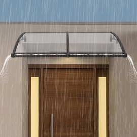 Front Door Awning, 24 x 63 Inch Awning for Door Window Exterior with Bracket Gutters, Aluminum Bracket Canopy Overhang Arched Rain Shelter for Sun Shutter, Rain, Snow Protection (Coffee+ Clear)