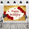 7x5ft Gold Glitter Happy Birthday Backdrop Red Rose Flowers Background