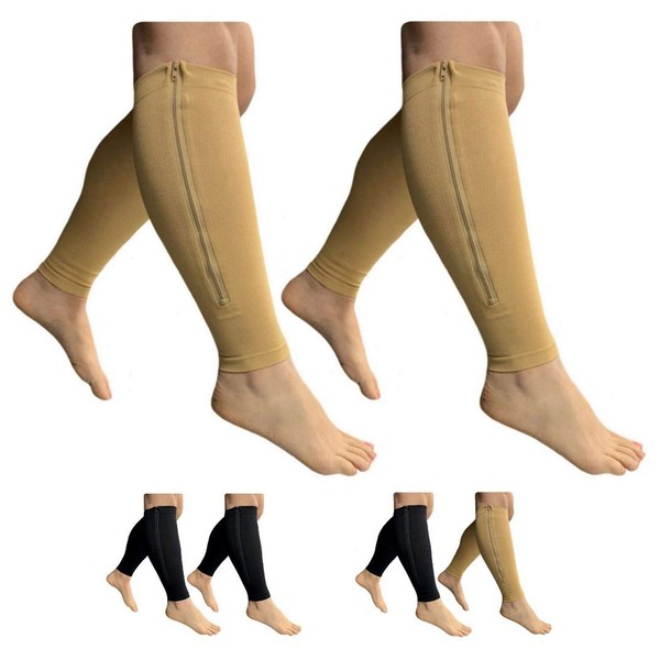 HealthyNees Footless 15-20 mmHg Zipper Compression Leg Calf Shin Sleeve 2 Pairs (Beige Combo, L/XL)