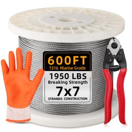 Fulifix 1/8" Stainless Steel Cable - 600FT T316 Deck Railing Wire Rope With Cutter, 7x7 Strands Aircraft Cable for Indoor Outdoor Coastal Fence - Sliver