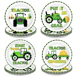 60Pcs Tractor Paper Plates 9" Green Cartoon Tractor Heavy Duty Paper Plates