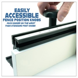 Peachtree Woodworking 32 inch Deluxe Router Table Fence with Featherboard •1/4 inch Aluminum Shims •Aluminum Extruded L Fence with Shim Offset Grooves •Router Bit Guard •Adjustment Knobs