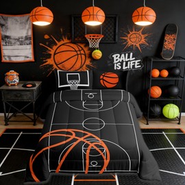 Castle Fairy Basketball Court Print Comforter Set for Kids Boys,Ball Sports Games Themed All Season Cozy Bedding Set Twin Size,Orange Basketball and Hoop Quilt Set Home Decor,Children Birthday Gift