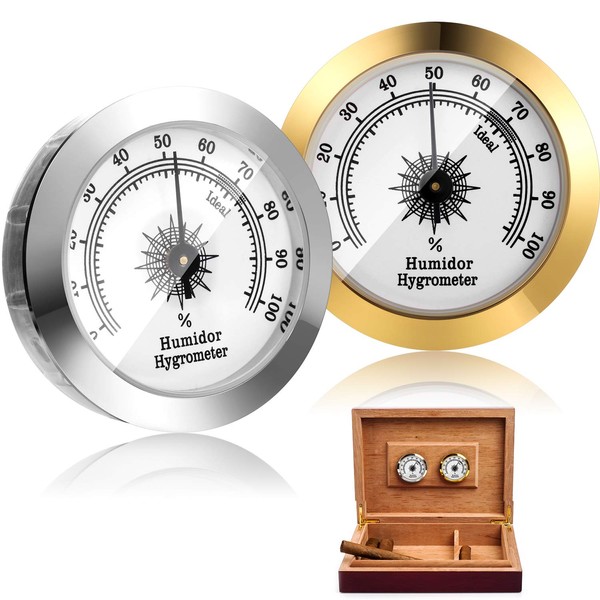 2 Pieces Hygrometer Analog Hygrometer Mechanical Round Hygrometer Humidity Gauge for Cabinet Cans, 2 Inch (Silver, Gold)