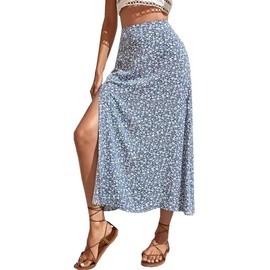 PrinStory Skirts for Women Casual Print Women Long Skirts Summer Split Hem Knit Ladies Skirts (Light Blue, XXL)