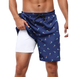 Adisputent Mens Swim Trunks with Compression Liner 7 Inch Quick Dry Swimming Swimwear Board Shorts with Zipper Pockets, Palm Trees, Large