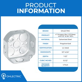 OHLECTRIC 4” Welded Octagon Steel Electrical Box| 1-1/2" Deep Box with 1/2” & 3/4” Knockouts, Fire Rated | Ideal for Lighting Fixtures, Switches and Receptacles (4-Pack)