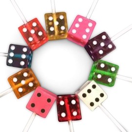 6 Pack Assorted Dice Suckers. 1-1/4 Inch Gourmet Dice Lollipops. Assorted Dice Lollipop Candy, Individually Wrapped for Casino or Bunco Themed Parties. Great for Bunco Supplies and Casino Weddings.