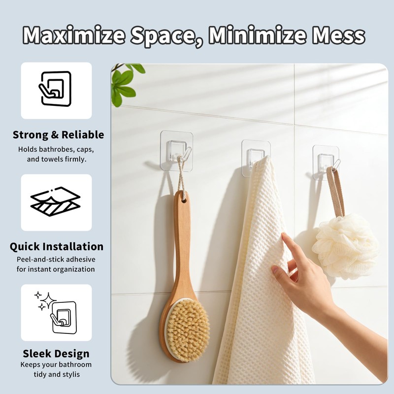 Fzundken 20 Pack Adhesive Wall Hooks for Hanging, Clear Adhesive