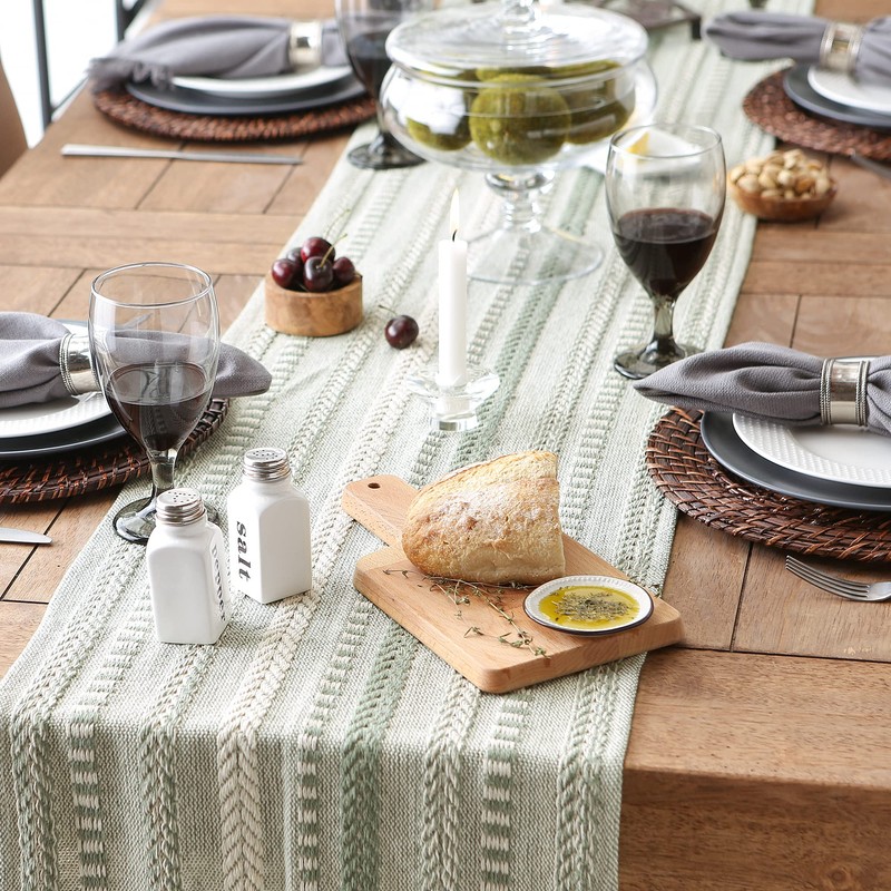 DII Farmhouse Braided Stripe Table Runner Collection, 15x108, Artichoke Green
